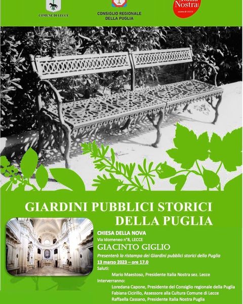 Giardini pubblici storici della Puglia, presentazione del libro il 13 marzo a Lecce