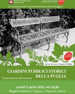 Giardini pubblici storici della Puglia: il 3 aprile presentazione a Maglie