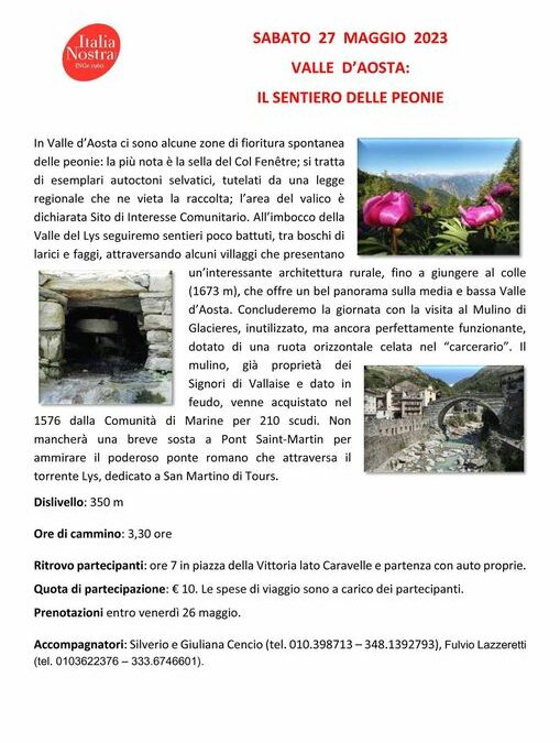 Sabato 27 maggio 2023, gita in Valle D’Aosta: il sentiero delle peonie