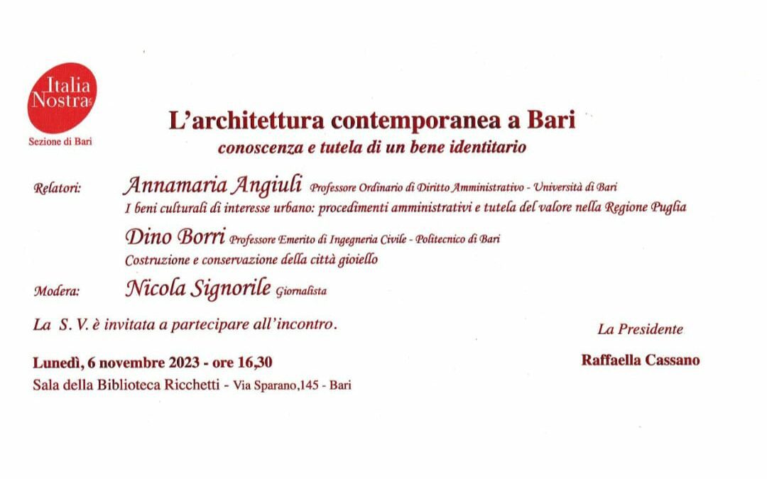 6 novembre, incontro L’architettura contemporanea a Bari,