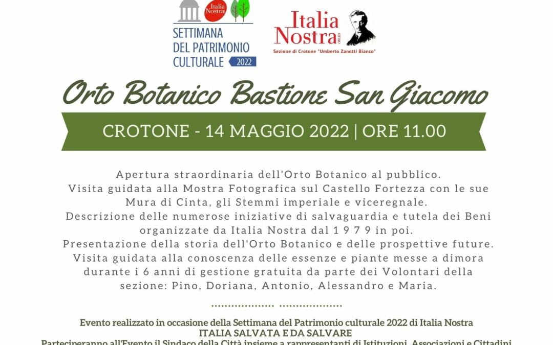 Settimana del Patrimonio Culturale di Italia Nostra 2022: a Crotone mostra fotografica, visita guidata e Maggio dei Libri all’Orto Botanico