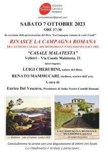 7 ottobre a Velletri: “La Campagna Romana in cento Casali”