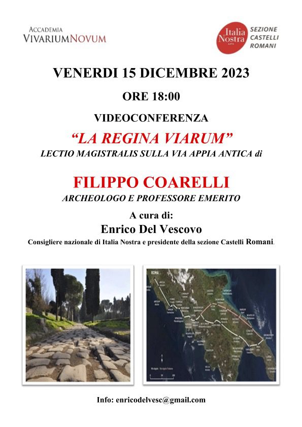 Il 15 dicembre webinar di Italia Nostra Castelli Romani dal titolo “La regina Viarum”. Lectio Magistralis del prof. Filippo Coarelli
