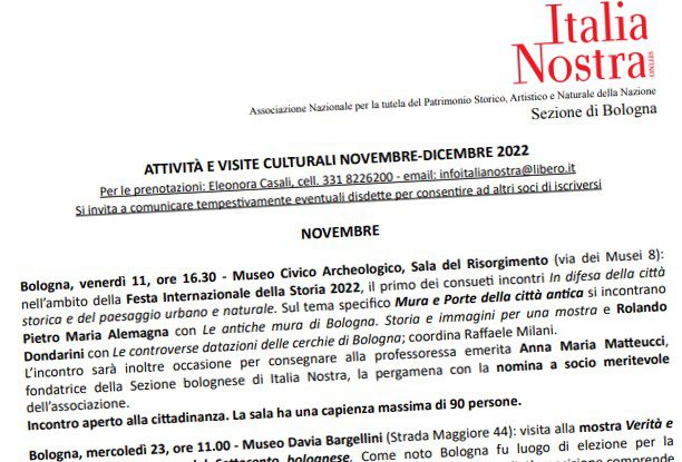 Italia Nostra Bologna: programma delle attività e visite culturali novembre-dicembre 2022