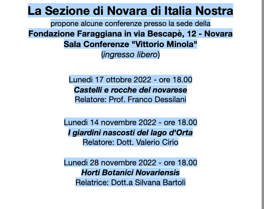 Conferenze della sezione di Novara di italia Nostra presso la Fondazione Faraggiana