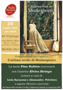 Melilli: il 29 luglio presentazione del romanzo “L’ultima erede di Shakespeare”