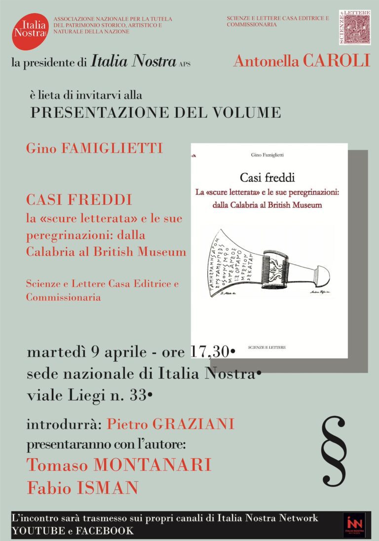 Il 9 aprile prossimo, presentazione del volume di Gino Famiglietti “Casi freddi. La “scure letterata” e le sue peregrinazioni: dalla Calabria al British Museum”